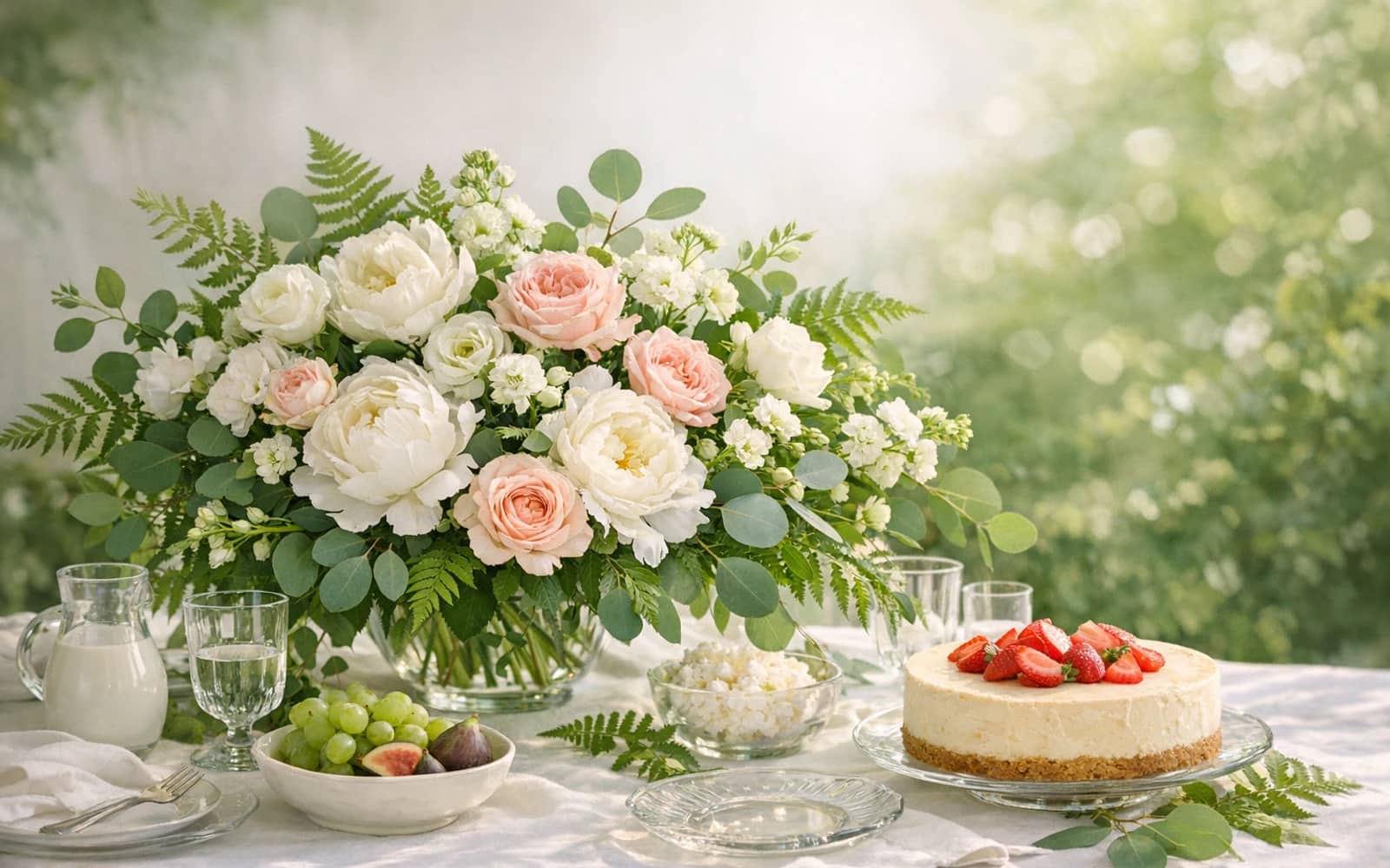 Shavuot flowers with peonies, garden roses, and lisianthus, fresh leaf green, deep fern, and soft bloom white color direction, and premium fresh, verdant, lush, uplifting, late-spring styling from Lina Flowers