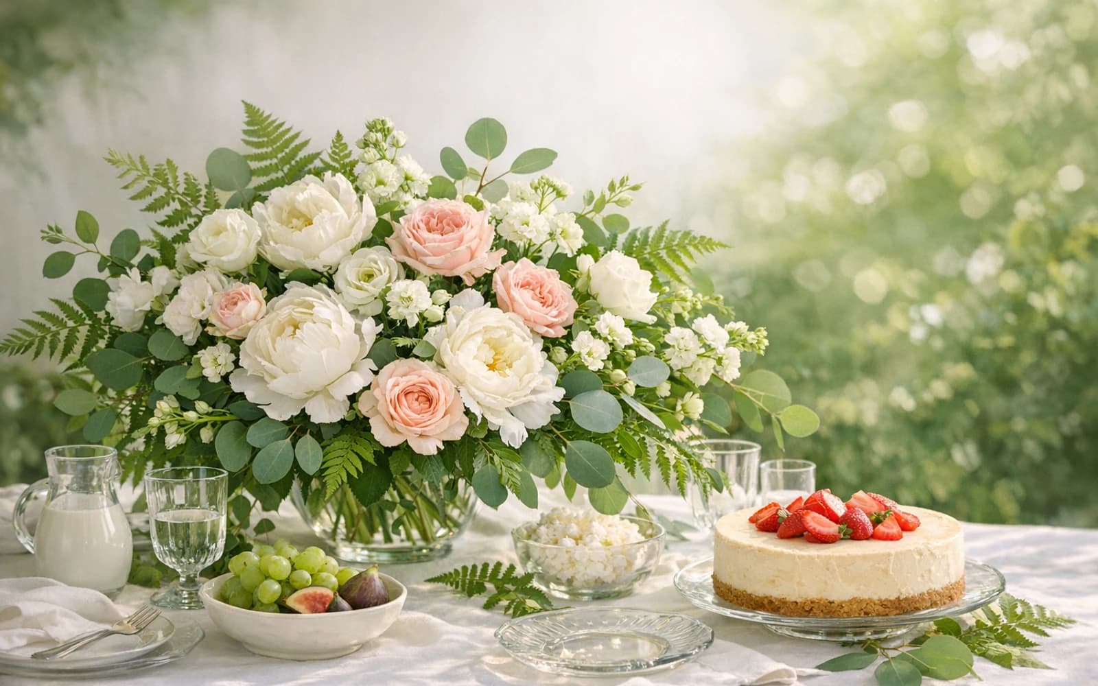Shavuot flowers collection banner with peonies, garden roses, and lisianthus and fresh, verdant, lush, uplifting, late-spring styling from Lina Flowers