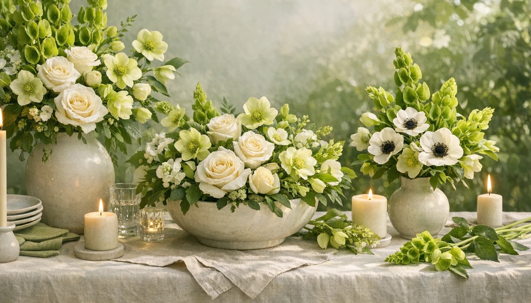 St. Patrick's Day flowers collection banner with bells of Ireland, white roses, and hellebore and botanical, lively, tonal, and lightly festive styling from Lina Flowers