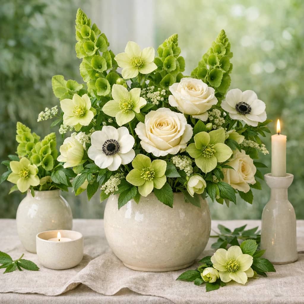 St. Patrick's Day flowers preview with bells of Ireland, white roses, and hellebore in leaf green, moss, and ivory tones from Lina Flowers
