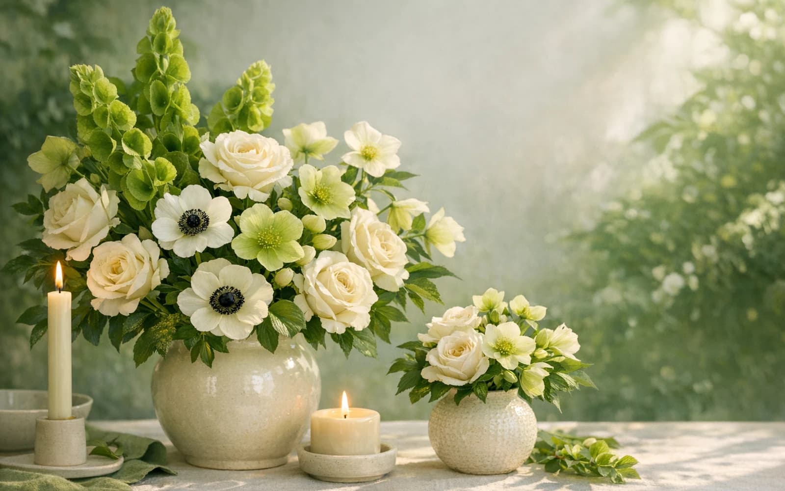 St. Patrick's Day flowers with bells of Ireland, white roses, and hellebore, leaf green, moss, and ivory color direction, and premium botanical, lively, tonal, and lightly festive styling from LiNa Garden