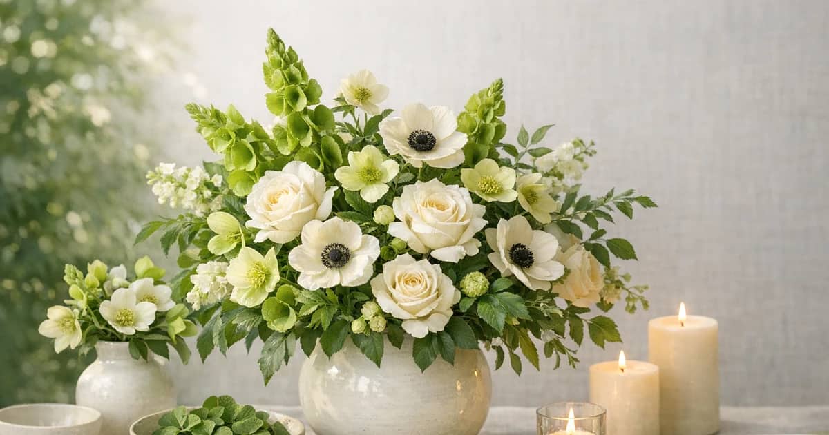 St. Patrick's Day flowers social share image with bells of Ireland, white roses, and hellebore, leaf green, moss, and ivory tones, and premium Lina Flowers styling