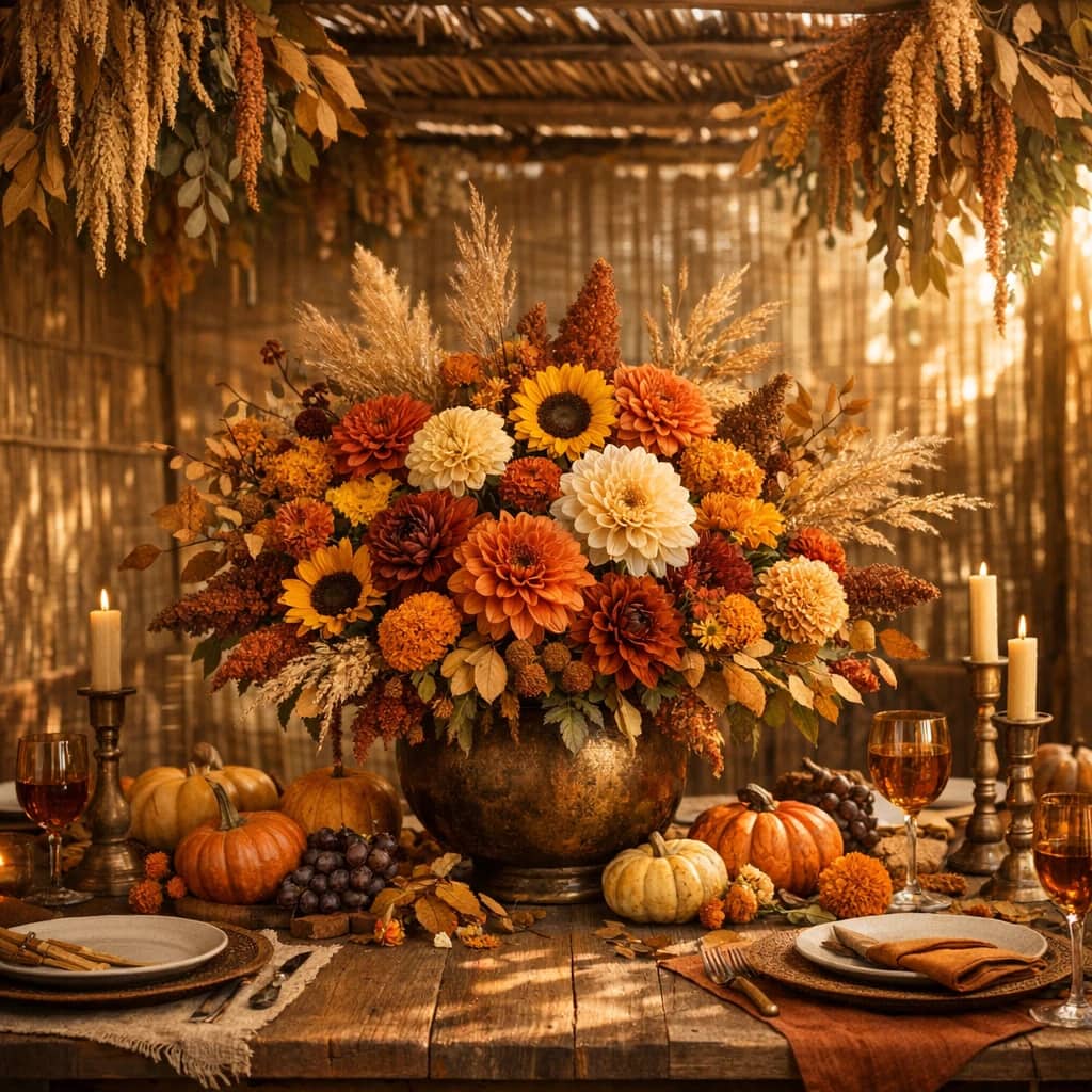 Sukkot flowers preview with dahlias, chrysanthemums, and sunflowers in harvest amber, deep rust, and marigold gold tones from Lina Flowers