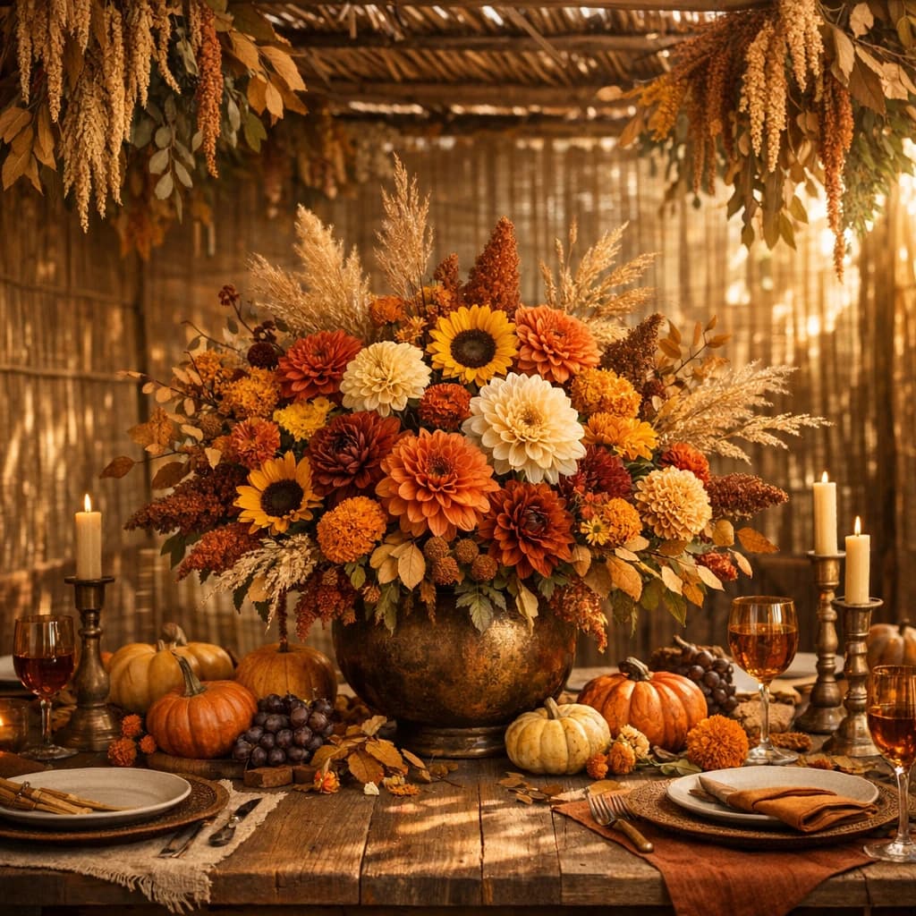 Sukkot flowers preview with dahlias, chrysanthemums, and sunflowers in harvest amber, deep rust, and marigold gold tones from Lina Flowers