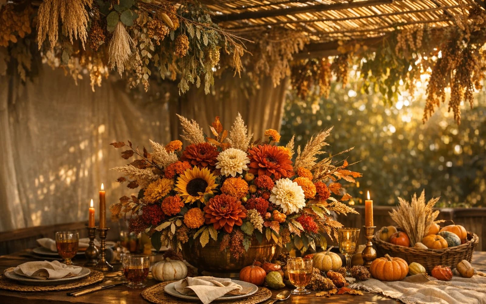 Sukkot flowers collection banner with dahlias, chrysanthemums, and sunflowers and warm, abundant, grateful, harvest-rich, welcoming styling from Lina Flowers