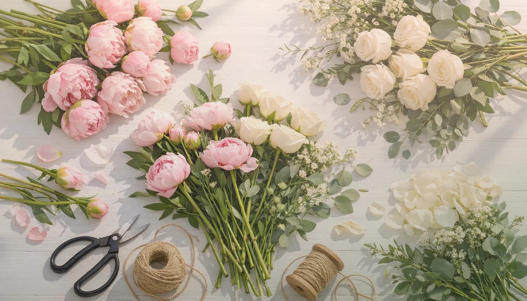 Summer Solstice flowers collection banner with peach garden roses, ranunculus, and sunflowers and sunlit, abundant, warm, and golden-hour led styling from Lina Flowers