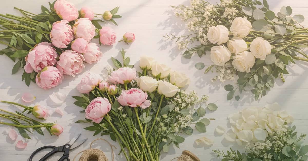 Summer Solstice flowers social share image with peach garden roses, ranunculus, and sunflowers, golden hour, peach bloom, and garden green tones, and premium Lina Flowers styling