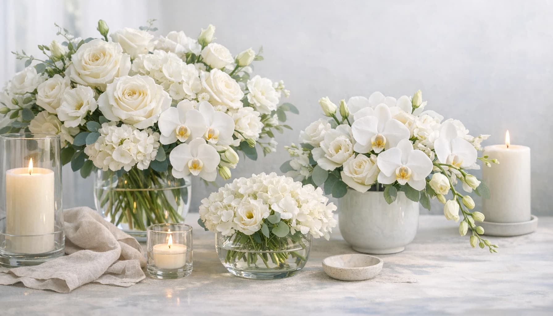 Sympathy Flowers collection banner with white roses, orchids, and lisianthus and calm, respectful, compassionate, and supportive styling from LiNa Garden
