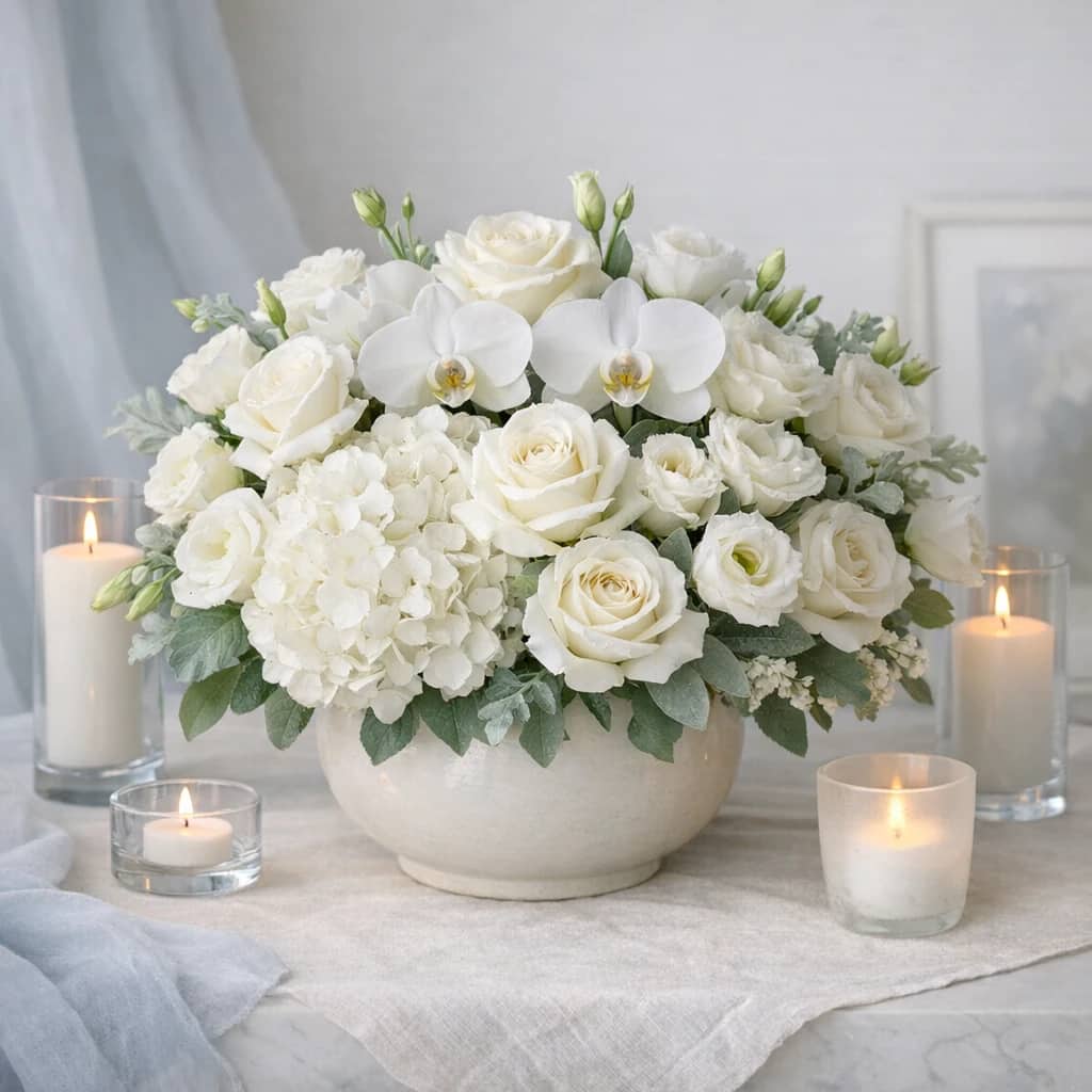Sympathy Flowers preview with white roses, orchids, and lisianthus in white, soft green, and pale taupe tones from Lina Flowers
