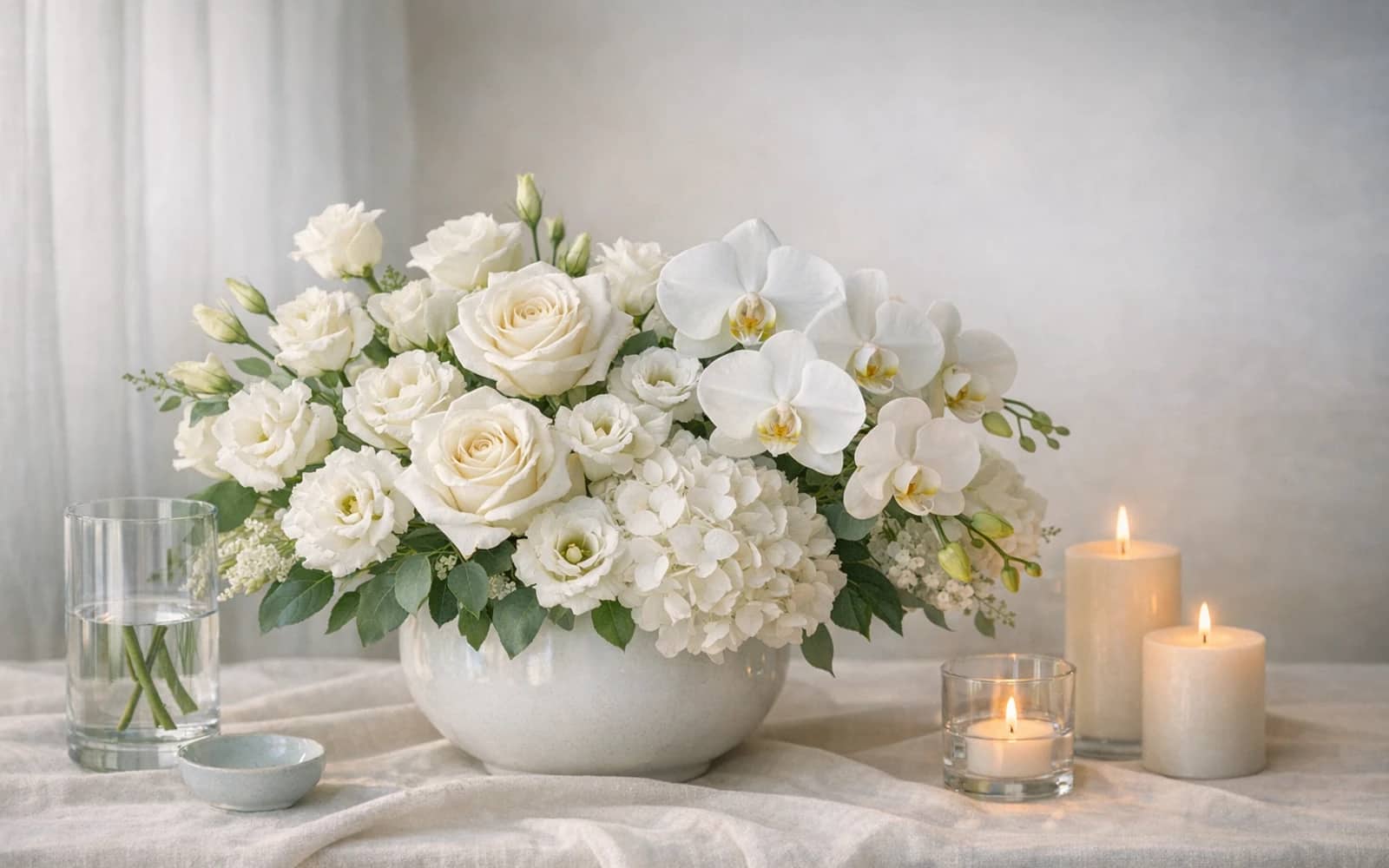 Representative white and green sympathy flower direction for custom standing spray and wreath planning