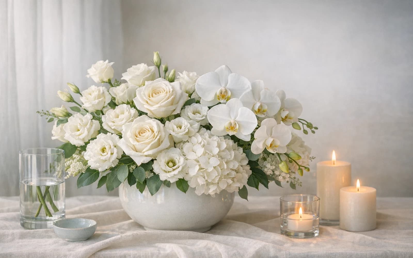 Sympathy Flowers with white roses, orchids, and lisianthus, white, soft green, and pale taupe color direction, and premium calm, respectful, compassionate, and supportive styling from LiNa Garden
