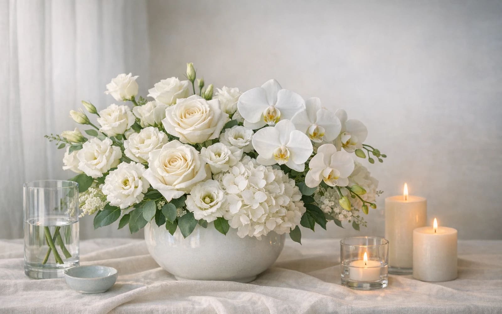 White roses, orchids, lisianthus, and soft greenery arranged as sympathy flowers