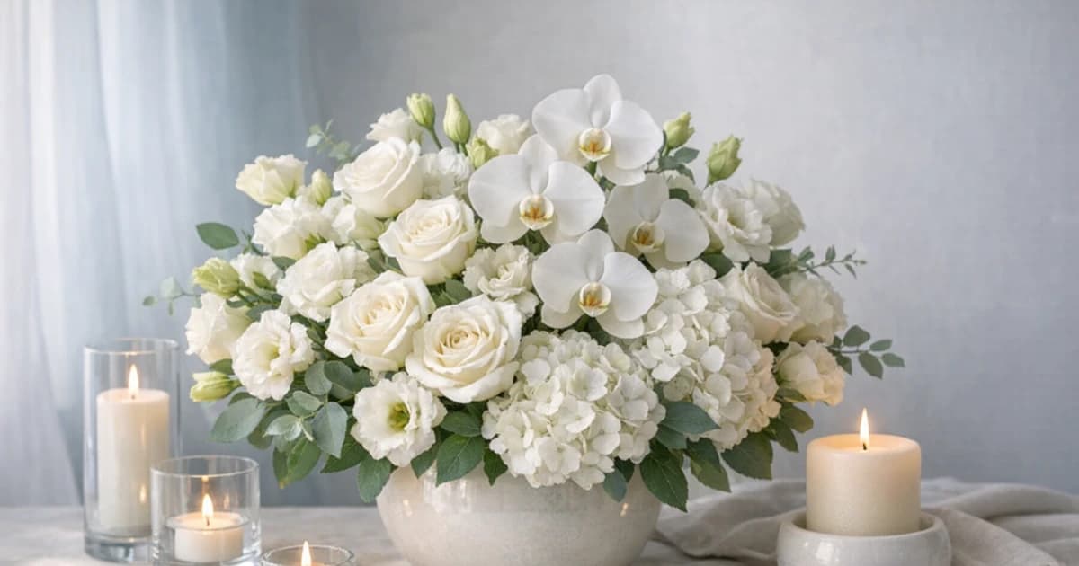 Sympathy Flowers social share image with white roses, orchids, and lisianthus, white, soft green, and pale taupe tones, and premium Lina Flowers styling