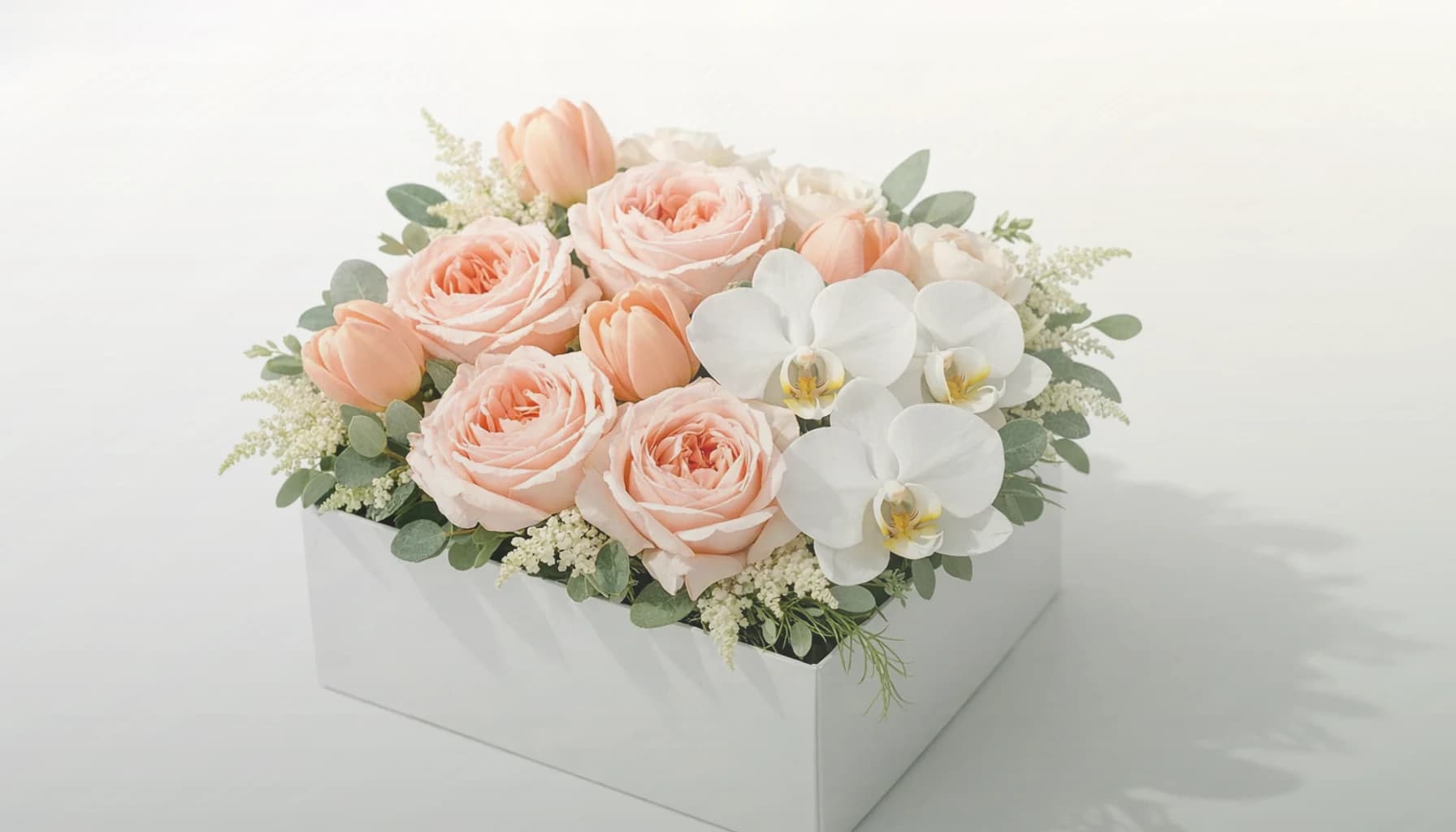 Tax Day flowers collection banner with white tulips, cream roses, and fresh greens and sincere, restrained, professional, and quietly grateful styling from Lina Flowers