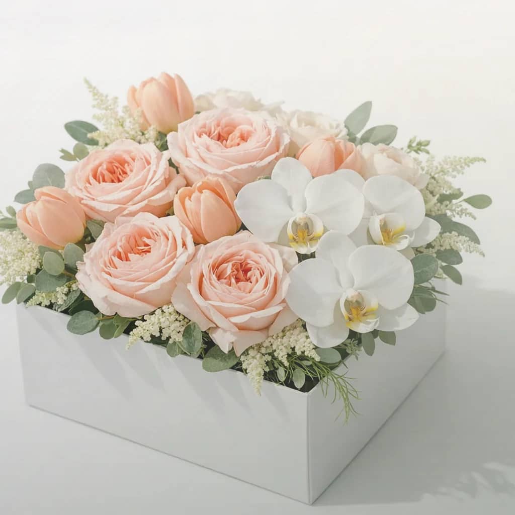 Tax Day flowers preview with white tulips, cream roses, and fresh greens in soft white, cream, and sage green tones from Lina Flowers