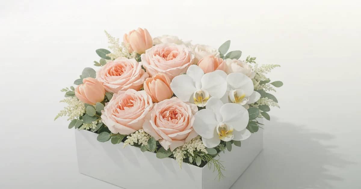 Tax Day flowers social share image with white tulips, cream roses, and fresh greens, soft white, cream, and sage green tones, and premium Lina Flowers styling