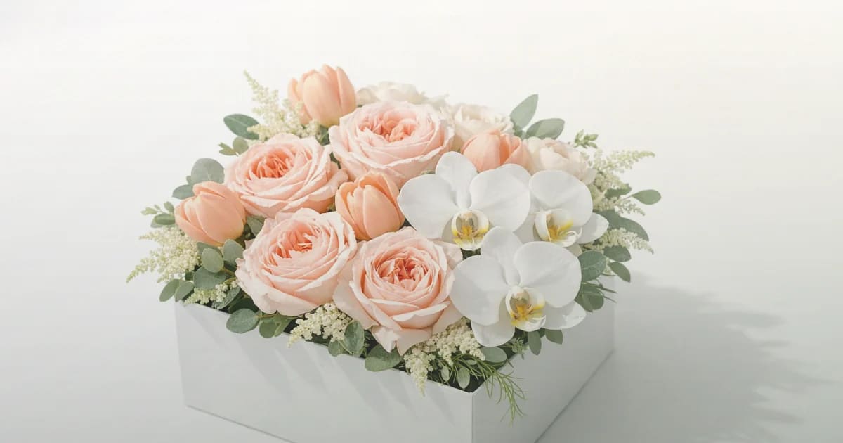Tax Day flowers social share image with white tulips, cream roses, and fresh greens, soft white, cream, and sage green tones, and premium Lina Flowers styling