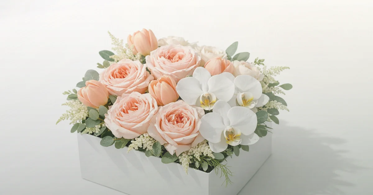 Tax Day flowers social share image with white tulips, cream roses, and fresh greens, soft white, cream, and sage green tones, and premium Lina Flowers styling