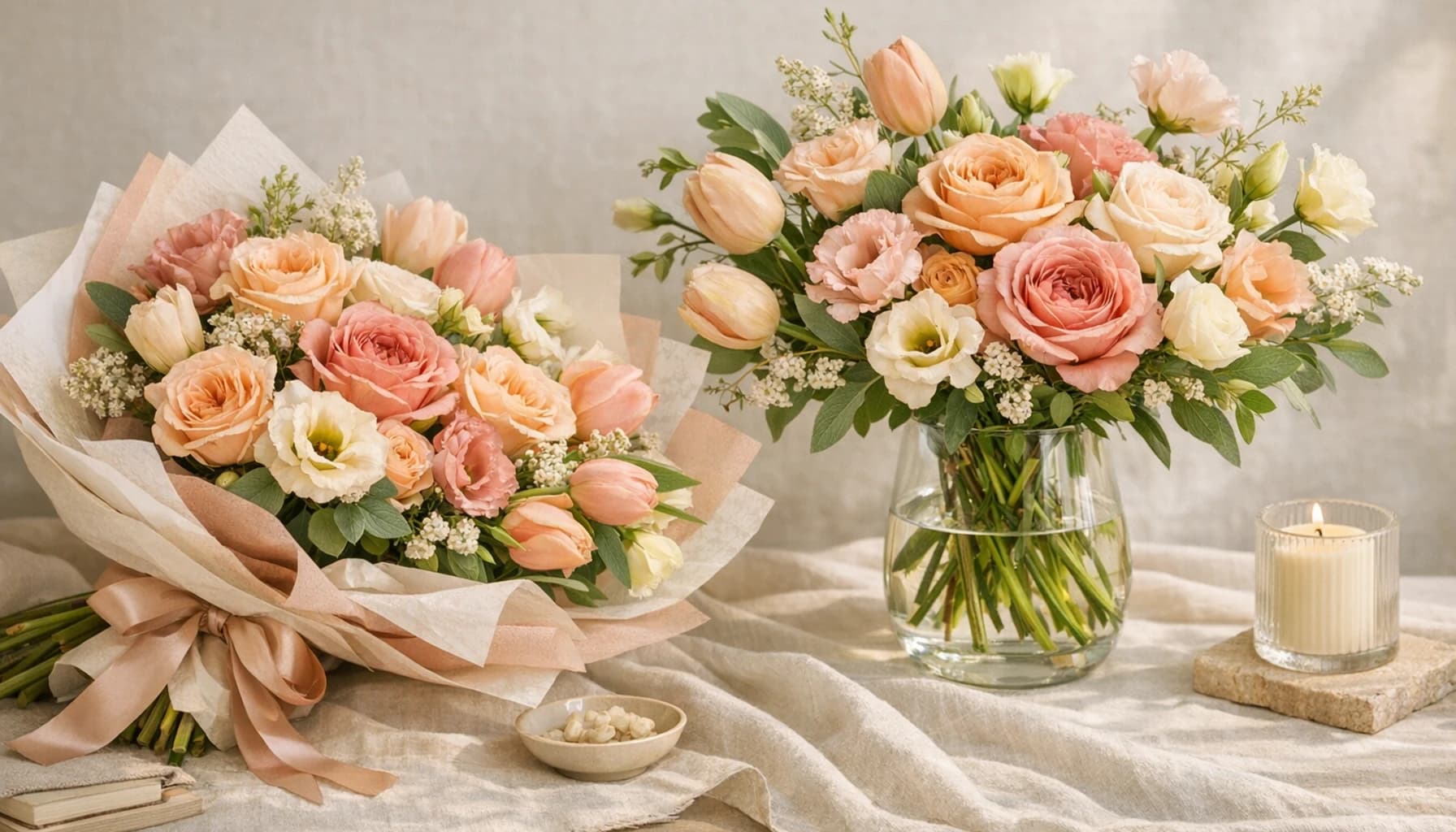 Thank You Flowers collection banner with garden roses, tulips, and lisianthus and gracious, warm, polished, and versatile styling from Lina Flowers