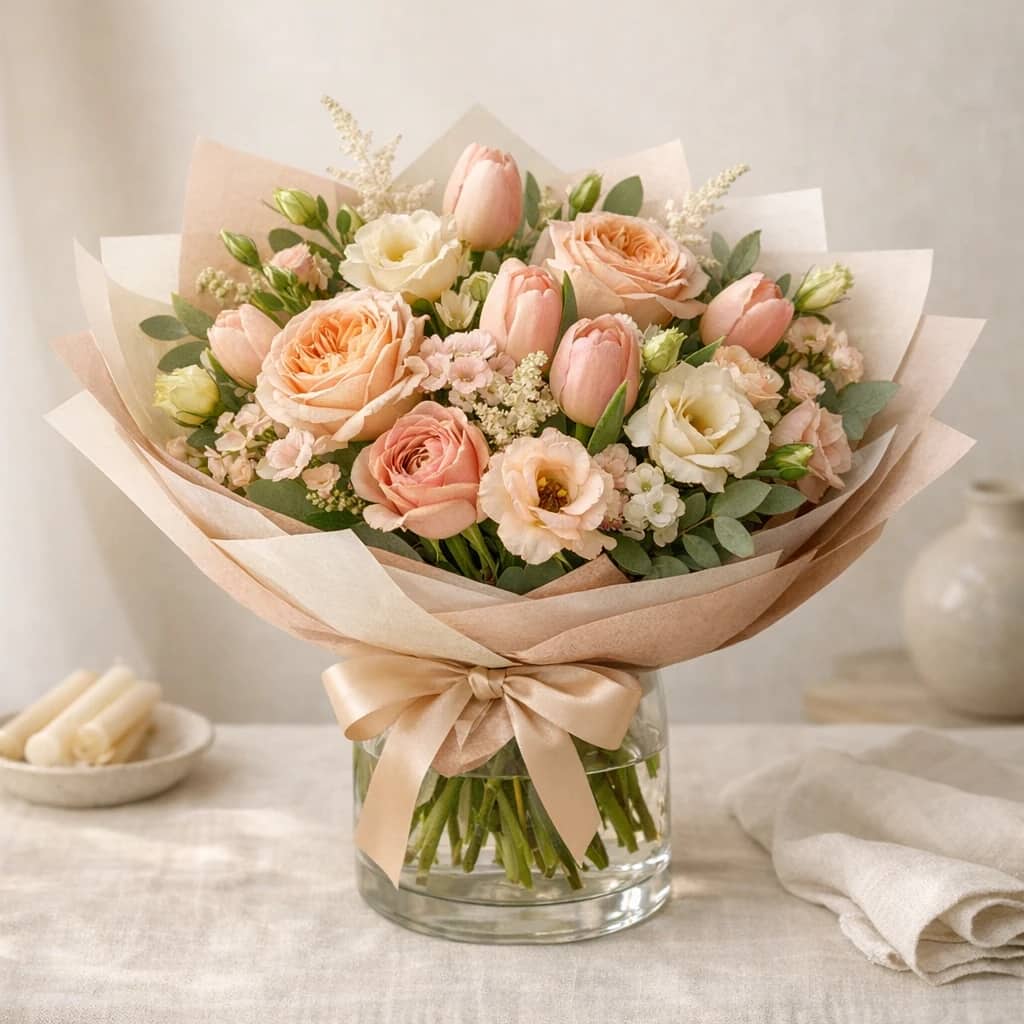 Thank You Flowers preview with garden roses, tulips, and lisianthus in warm peach, dusty rose, and cream tones from Lina Flowers