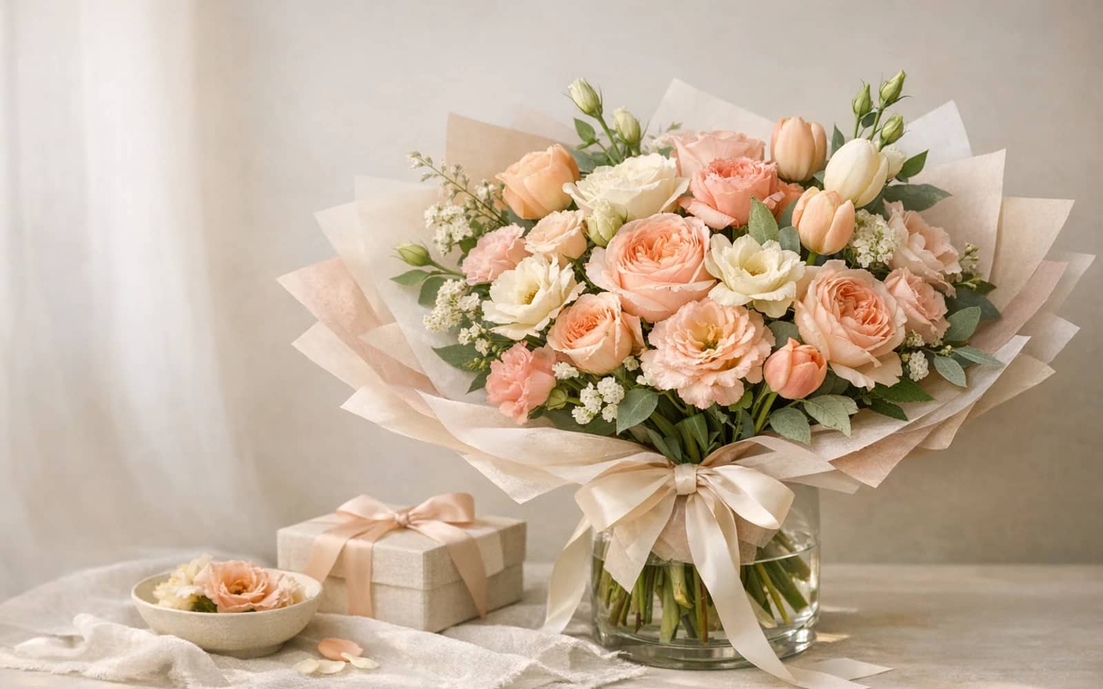 Thank You Flowers with garden roses, tulips, and lisianthus, warm peach, dusty rose, and cream color direction, and premium gracious, warm, polished, and versatile styling from Lina Flowers