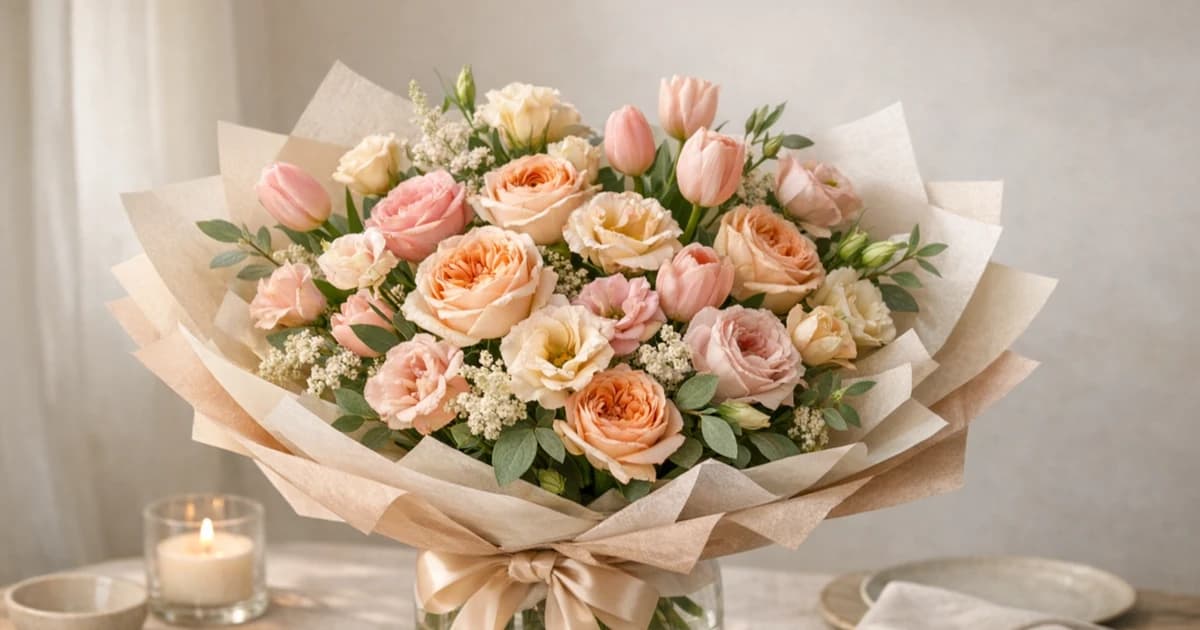 Thank You Flowers social share image with garden roses, tulips, and lisianthus, warm peach, dusty rose, and cream tones, and premium Lina Flowers styling