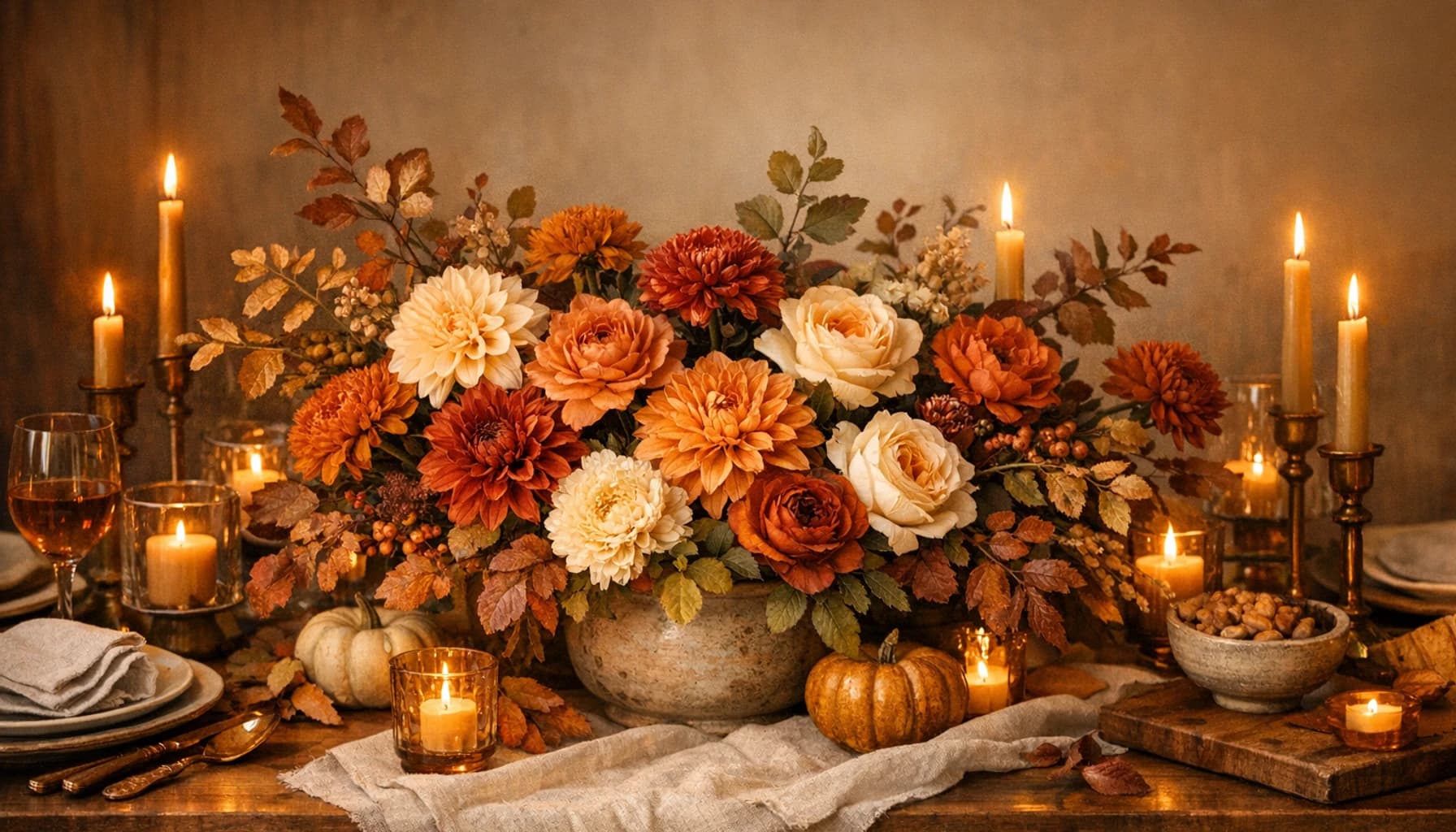 Thanksgiving flowers collection banner with dahlias, garden roses, and chrysanthemum and warm, abundant, candlelit, and host-driven styling from Lina Flowers