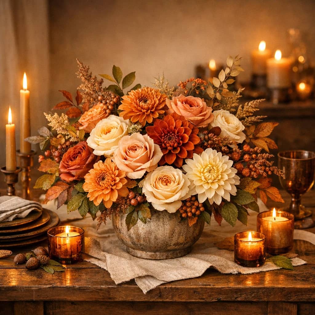 Thanksgiving flowers preview with dahlias, garden roses, and chrysanthemum in amber, rust, and olive tones from Lina Flowers