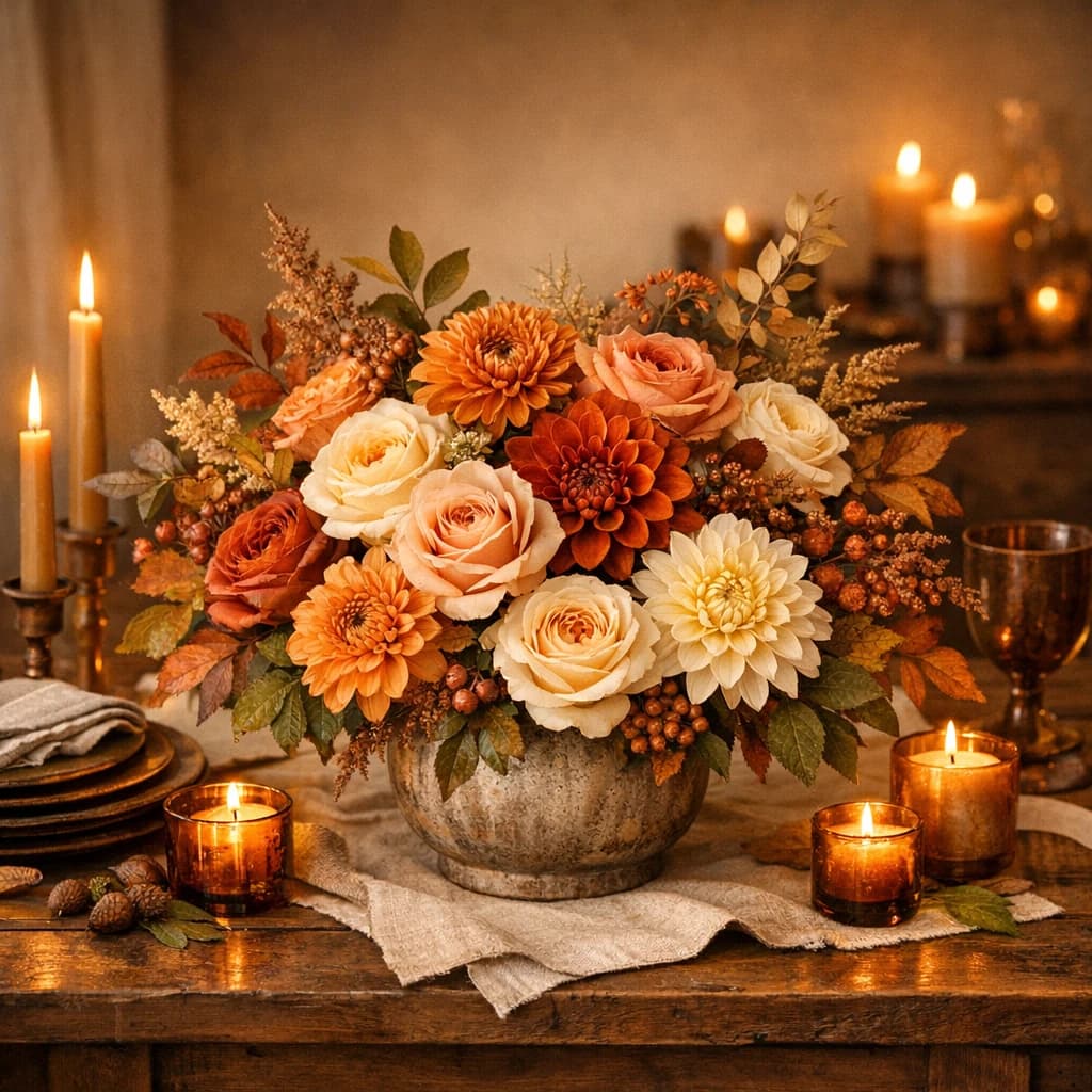 Thanksgiving flowers preview with dahlias, garden roses, and chrysanthemum in amber, rust, and olive tones from Lina Flowers