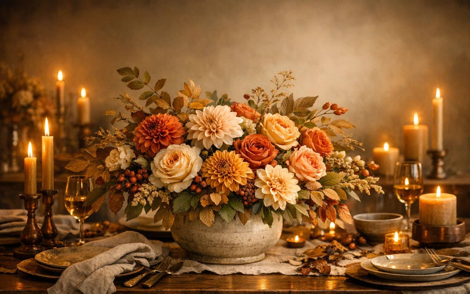 Thanksgiving flowers with dahlias, garden roses, and chrysanthemum, amber, rust, and olive color direction, and premium warm, abundant, candlelit, and host-driven styling from Lina Flowers