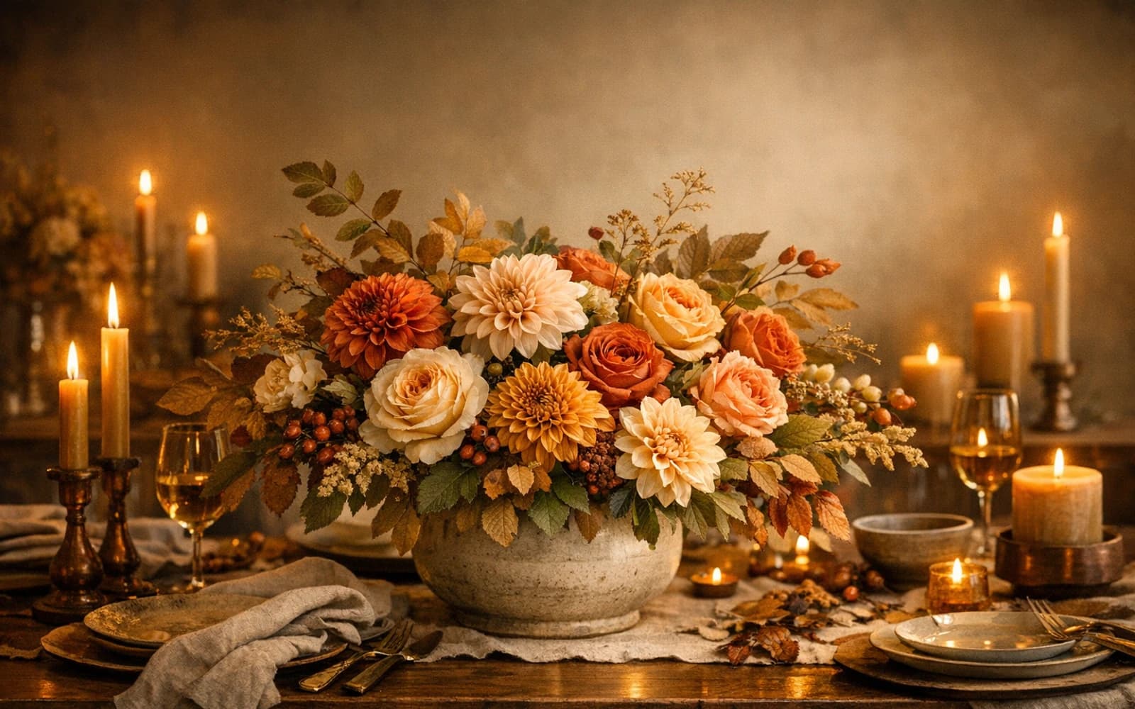 Thanksgiving flowers with dahlias, garden roses, and chrysanthemum, amber, rust, and olive color direction, and premium warm, abundant, candlelit, and host-driven styling from LiNa Garden