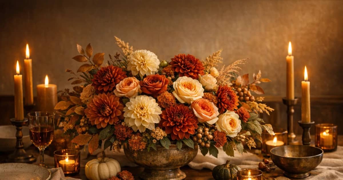 Thanksgiving flowers social share image with dahlias, garden roses, and chrysanthemum, amber, rust, and olive tones, and premium Lina Flowers styling