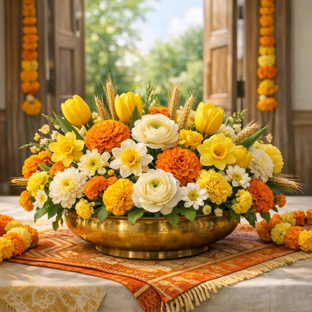 Vaisakhi flowers preview with marigolds, yellow tulips, and ranunculus in khalsa gold, harvest saffron, and spring cream tones from Lina Flowers