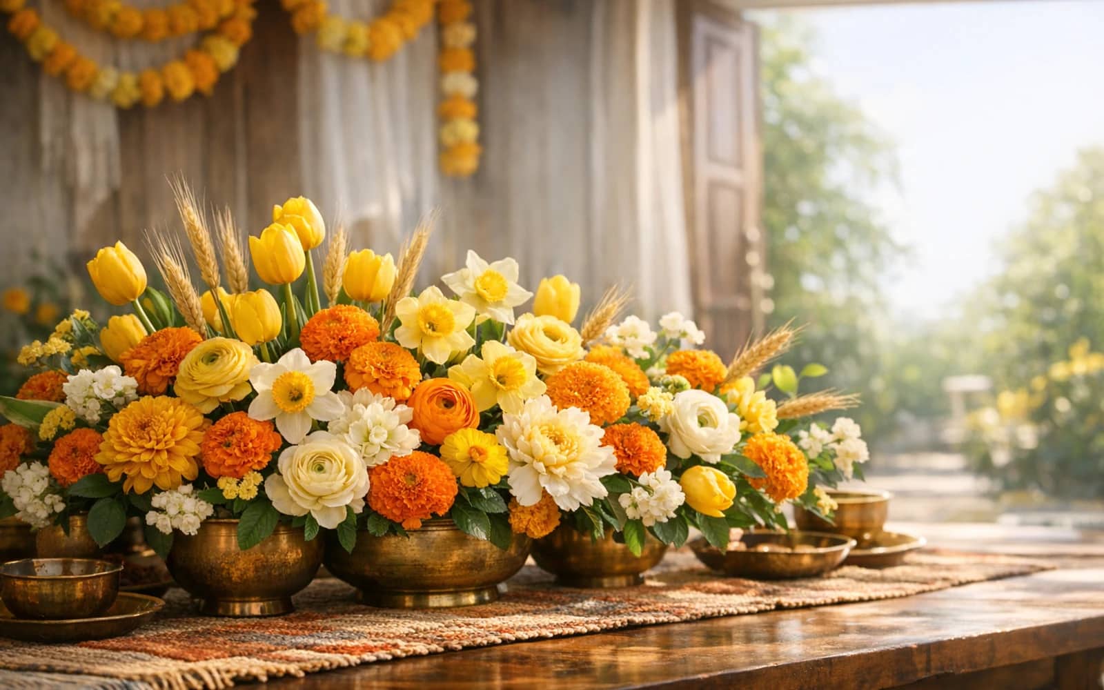 Vaisakhi flowers with marigolds, yellow tulips, and ranunculus, khalsa gold, harvest saffron, and spring cream color direction, and premium bright, joyful, abundant, spring-forward styling from Lina Flowers