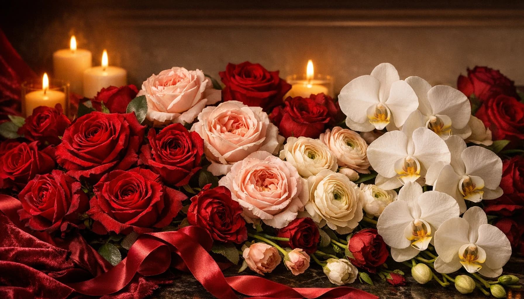 Valentine's Day flowers collection banner with red roses, blush garden roses, and phalaenopsis orchids and romantic, plush, intimate, and candlelit styling from Lina Flowers