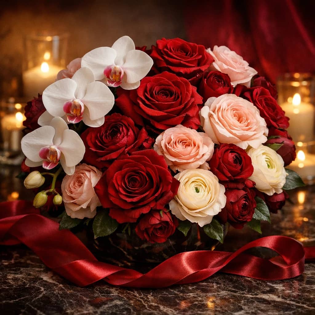 Valentine's Day flowers preview with red roses, blush garden roses, and phalaenopsis orchids in velvet red, blush pink, and ivory cream tones from Lina Flowers