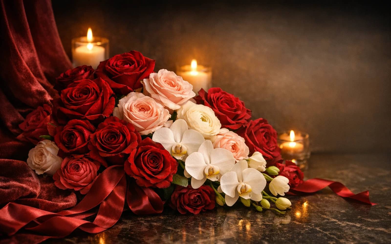 Valentine's Day flowers with red roses, blush garden roses, and phalaenopsis orchids, velvet red, blush pink, and ivory cream color direction, and premium romantic, plush, intimate, and candlelit styling from Lina Flowers