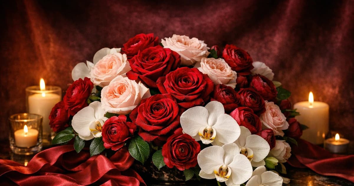 Valentine's Day flowers social share image with red roses, blush garden roses, and phalaenopsis orchids, velvet red, blush pink, and ivory cream tones, and premium Lina Flowers styling