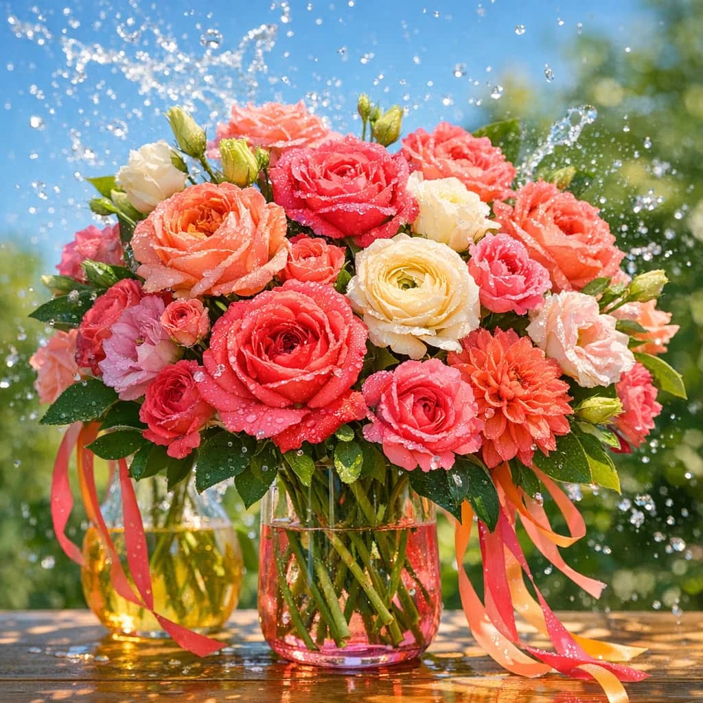 Vardavar flowers preview with garden roses, spray roses, and ranunculus in coral rose, hot pink, and sunlit cream tones from Lina Flowers