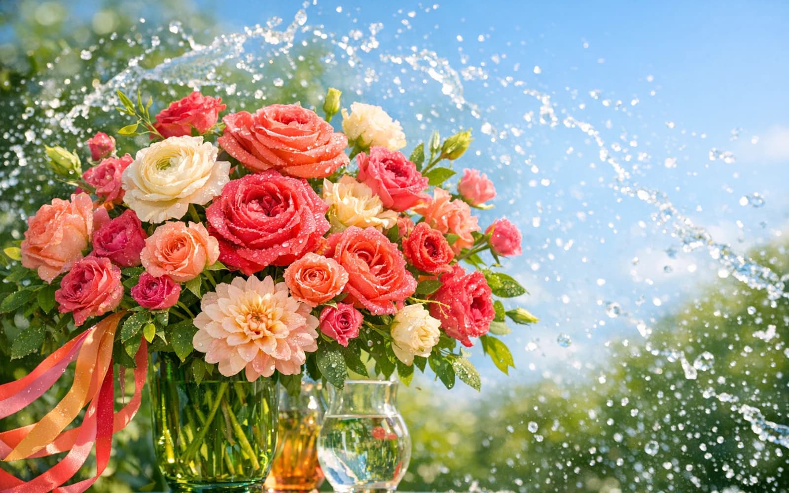 Vardavar flowers collection banner with garden roses, spray roses, and ranunculus and joyful, exuberant, sunlit, playful styling from Lina Flowers