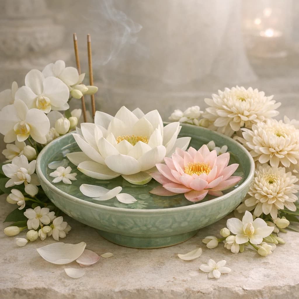 Vesak flowers preview with lotus, water lily, and white chrysanthemums in lotus white, pale lotus pink, and soft gold tones from Lina Flowers