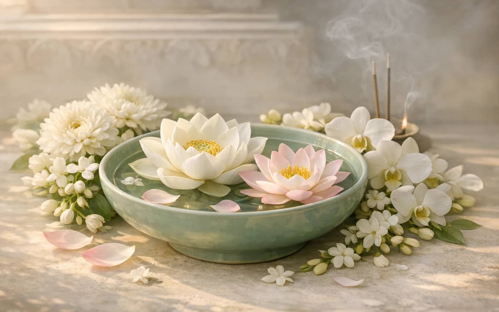 Vesak flowers with lotus, water lily, and white chrysanthemums, lotus white, pale lotus pink, and soft gold color direction, and premium serene, pure, meditative, softly luminous styling from Lina Flowers