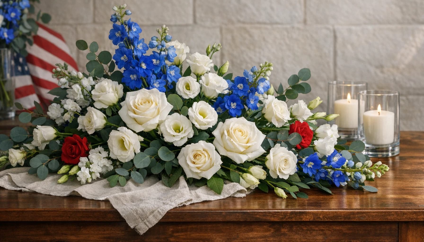 Veterans Day flowers collection banner with white roses, delphinium, and lisianthus and dignified, respectful, classic, and quietly formal styling from Lina Flowers