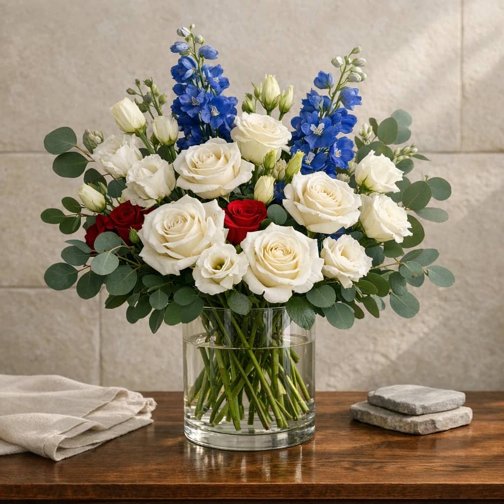 Veterans Day flowers preview with white roses, delphinium, and lisianthus in classic red, white, and heritage blue tones from Lina Flowers