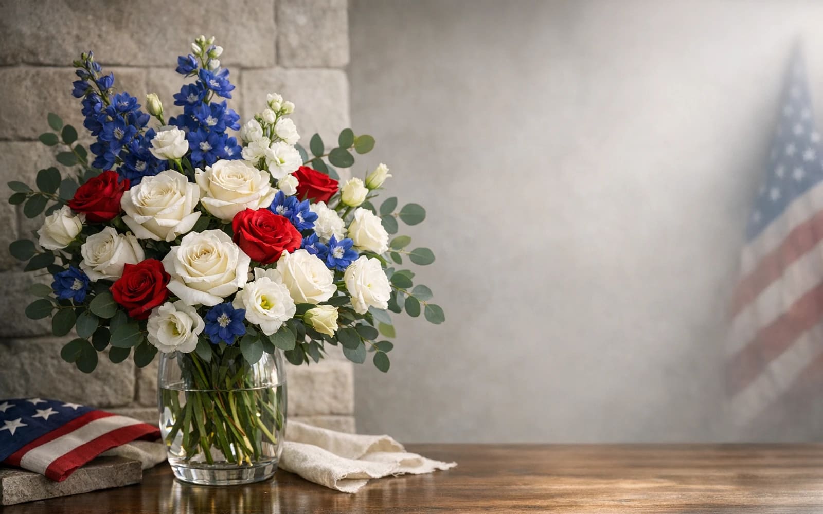 Veterans Day flowers with white roses, delphinium, and lisianthus, classic red, white, and heritage blue color direction, and premium dignified, respectful, classic, and quietly formal styling from Lina Flowers