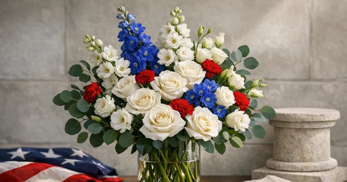 Veterans Day flowers social share image with white roses, delphinium, and lisianthus, classic red, white, and heritage blue tones, and premium LiNa Garden styling