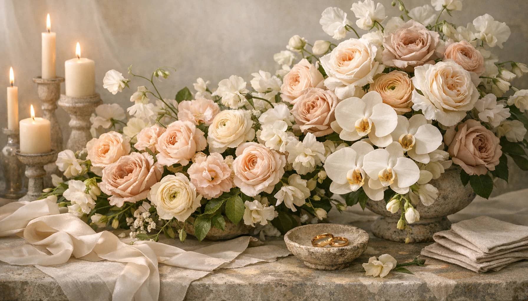 Representative wedding and event centerpiece direction with layered flowers and reception styling