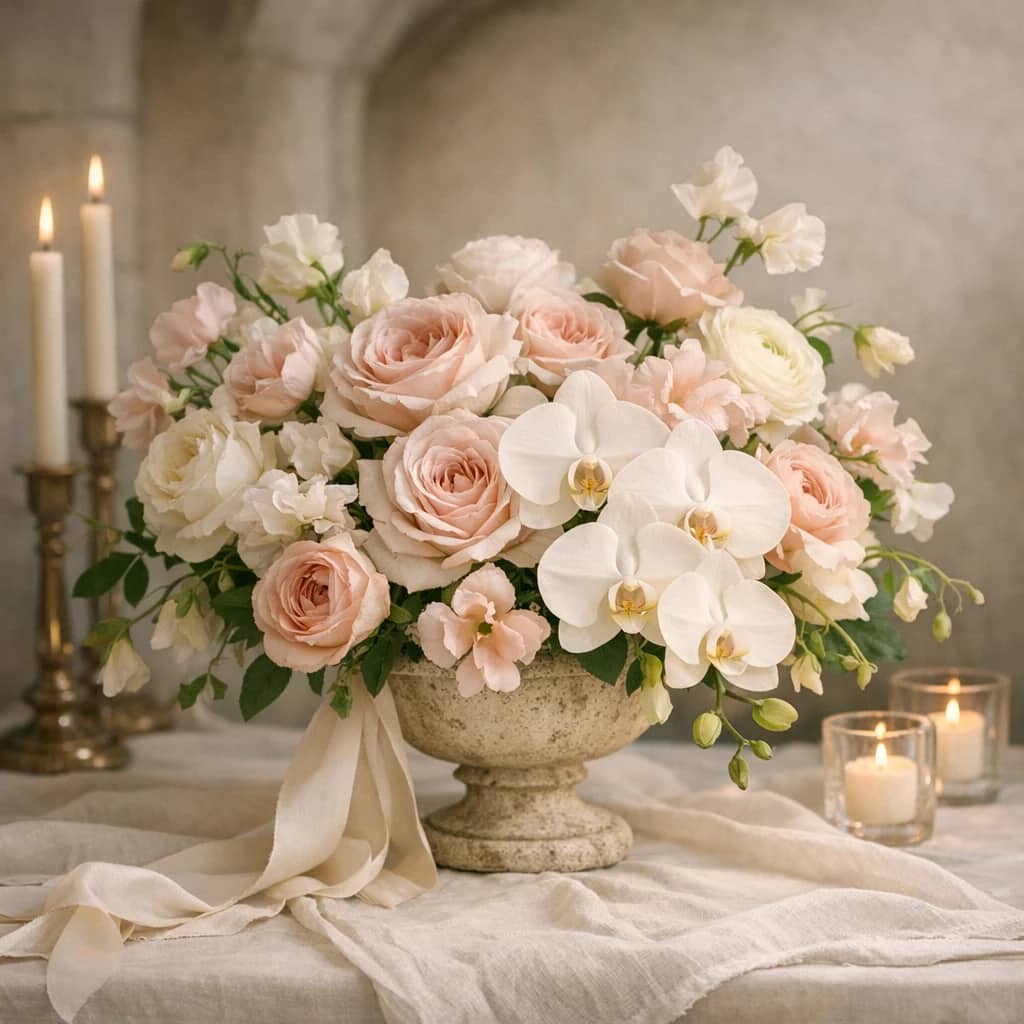 Wedding and Engagement Flowers preview with garden roses, orchids, and ranunculus in soft ivory, blush, and pale taupe tones from Lina Flowers