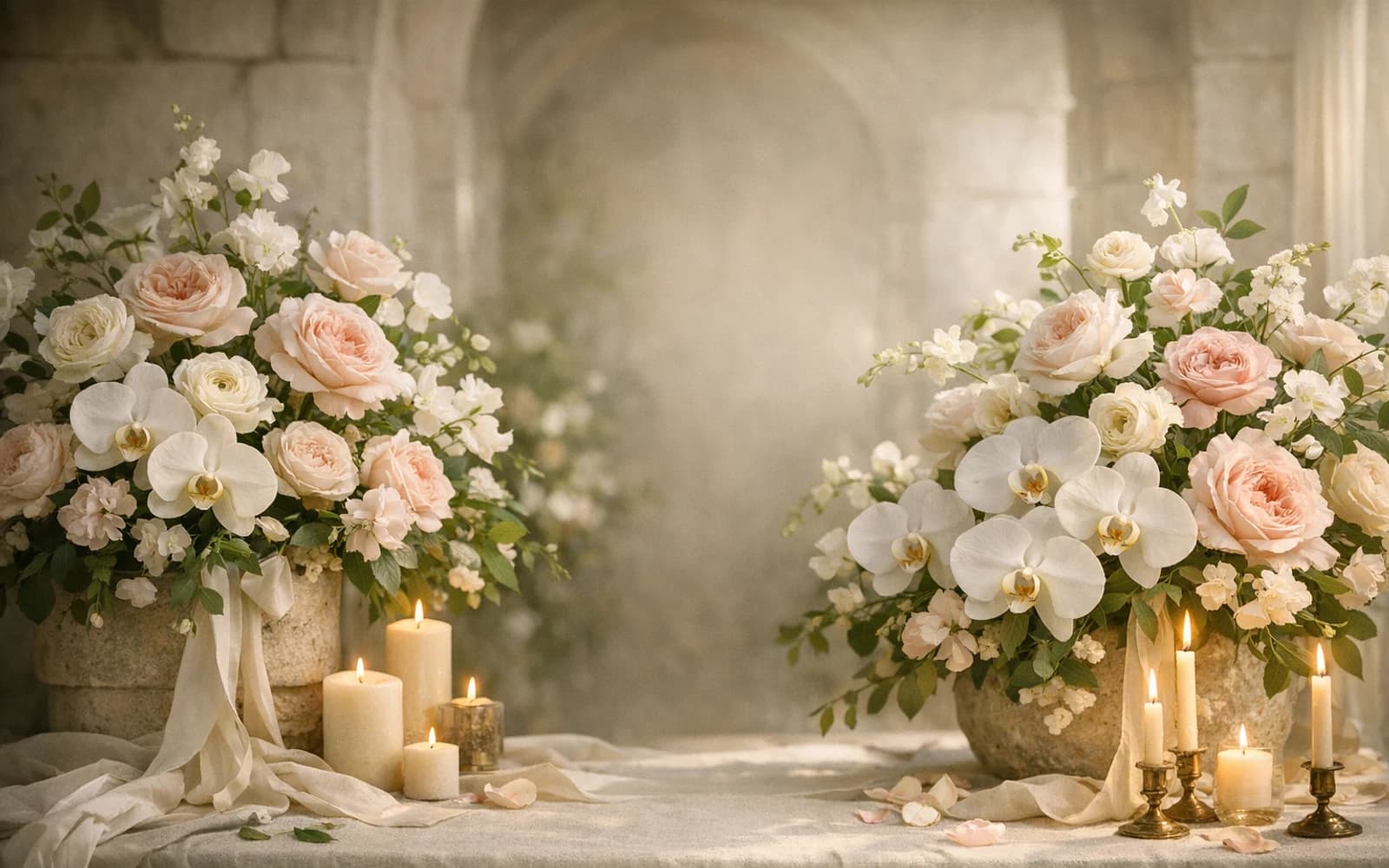 Wedding and Engagement Flowers with garden roses, orchids, and ranunculus, soft ivory, blush, and pale taupe color direction, and premium romantic, editorial, refined, and photographic styling from LiNa Garden