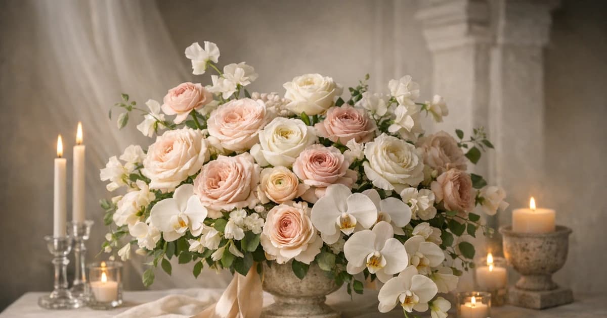 Wedding and Engagement Flowers social share image with garden roses, orchids, and ranunculus, soft ivory, blush, and pale taupe tones, and premium Lina Flowers styling